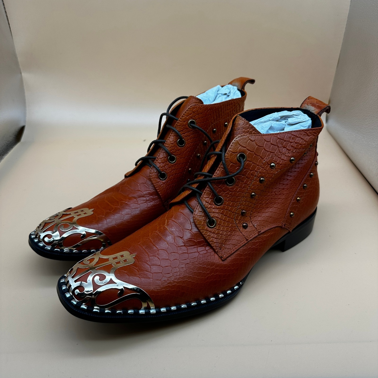 Santimon Men's Us 12.5 Orange Leather Western Metal Tip Lace Up Rivet Boots